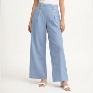 Elegant Sky Blue Wide Leg, High Waisted Pants with Silver Buttons